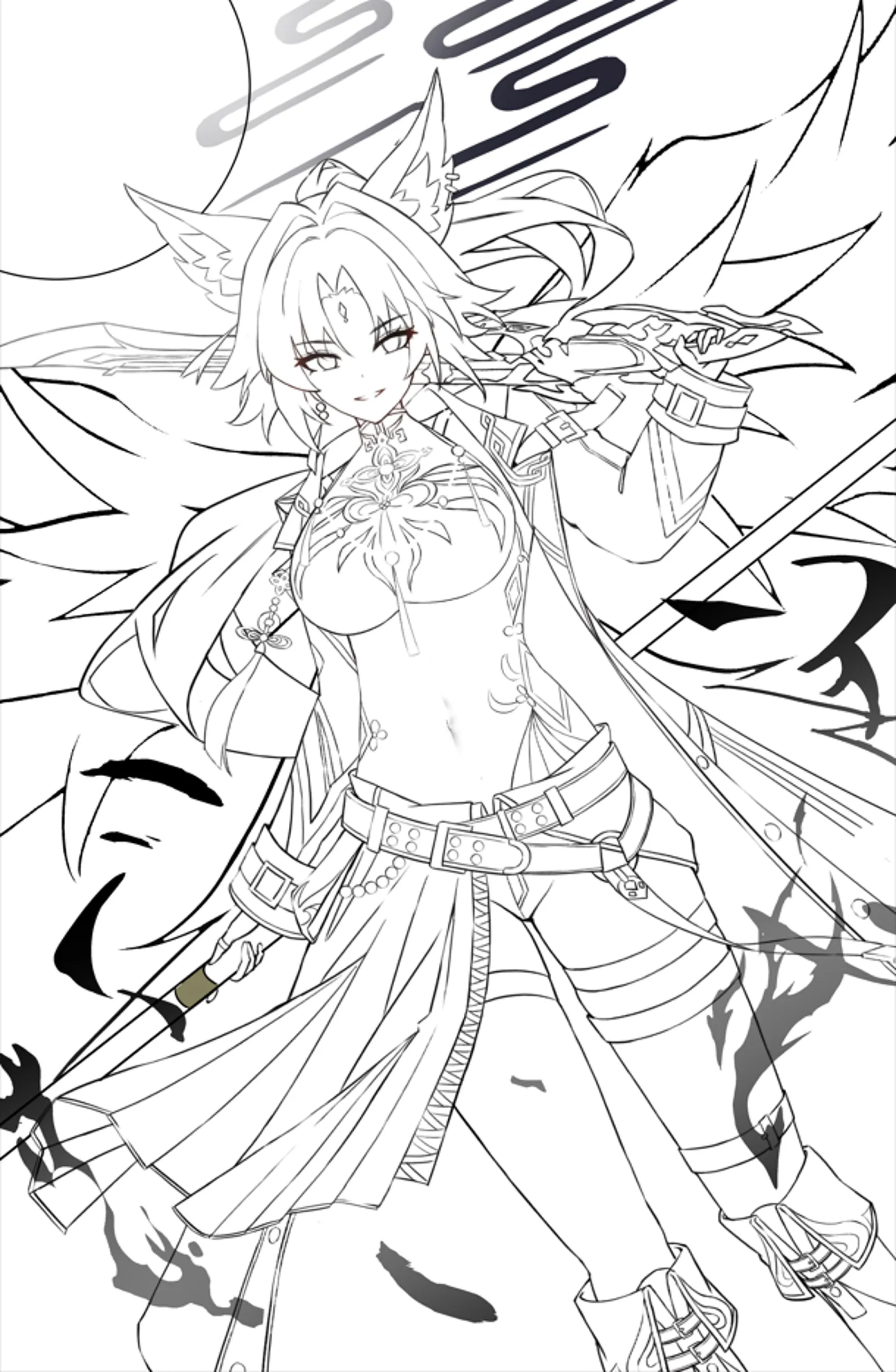 Fox-eared character full-body lineart