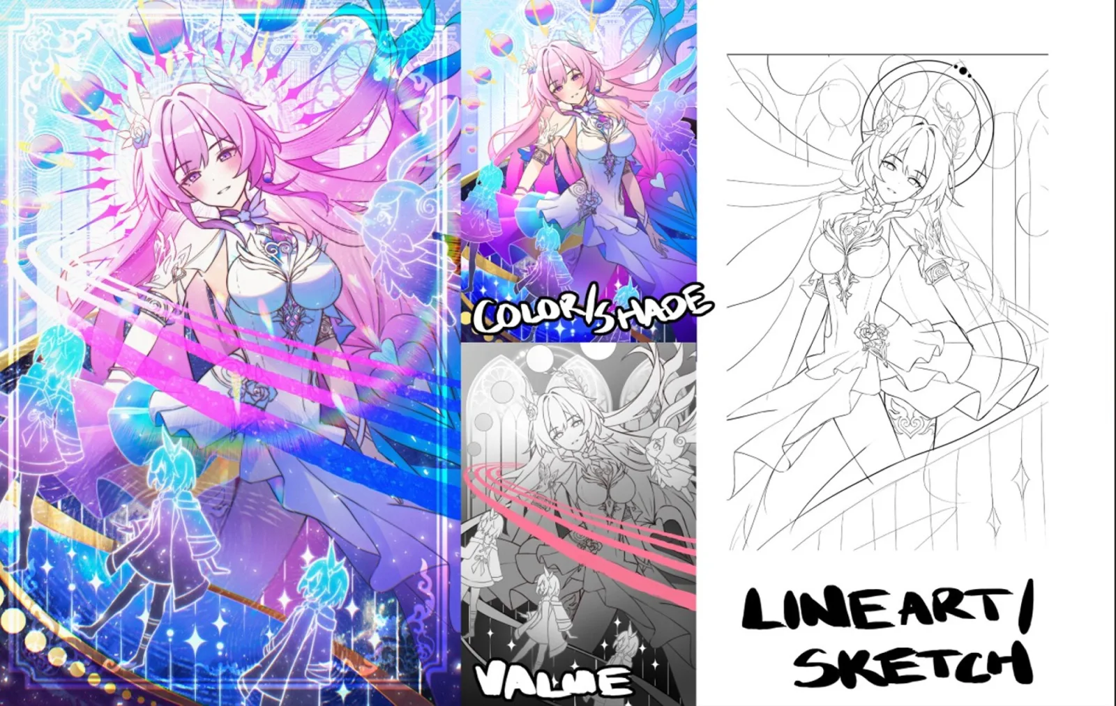 Process breakdown: sketch, lineart, value, and color passes