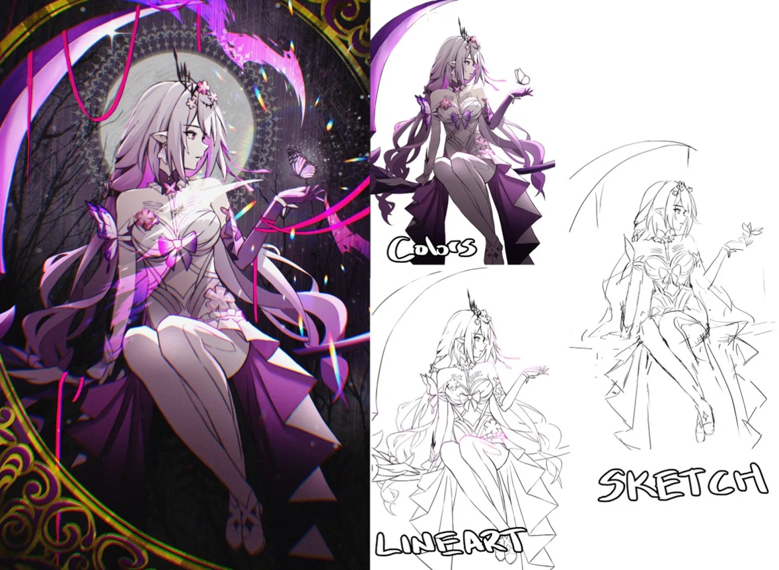 Process breakdown: sketch, lineart, and colors of a seated figure