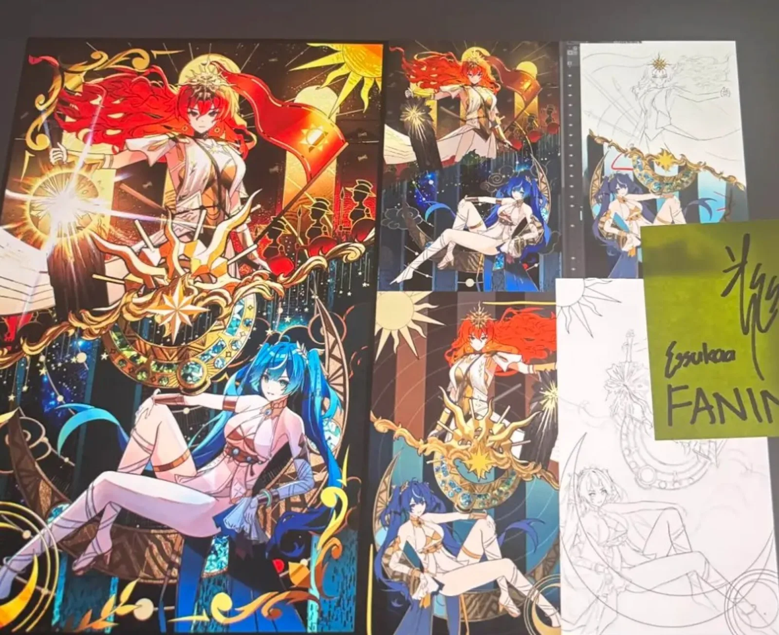 Foil print run laid out with the original sketch
