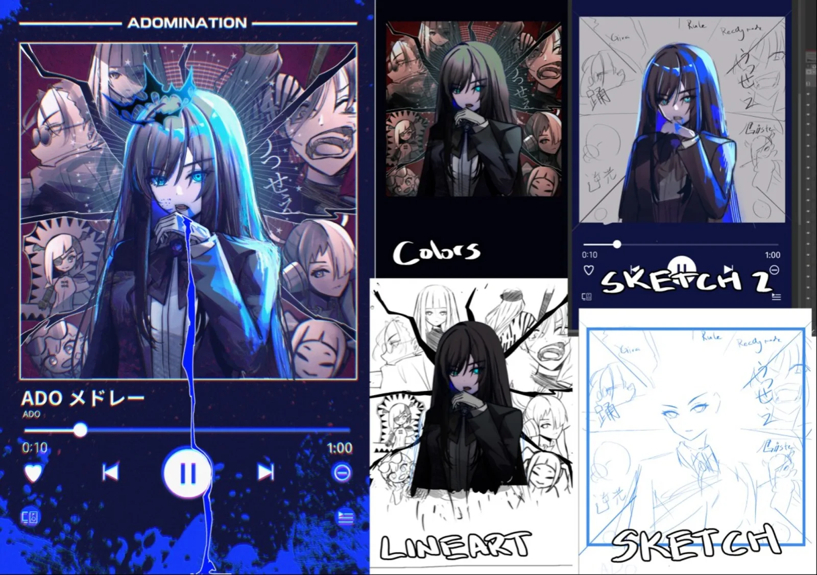 Music-player illustration process: sketches, lineart, colors