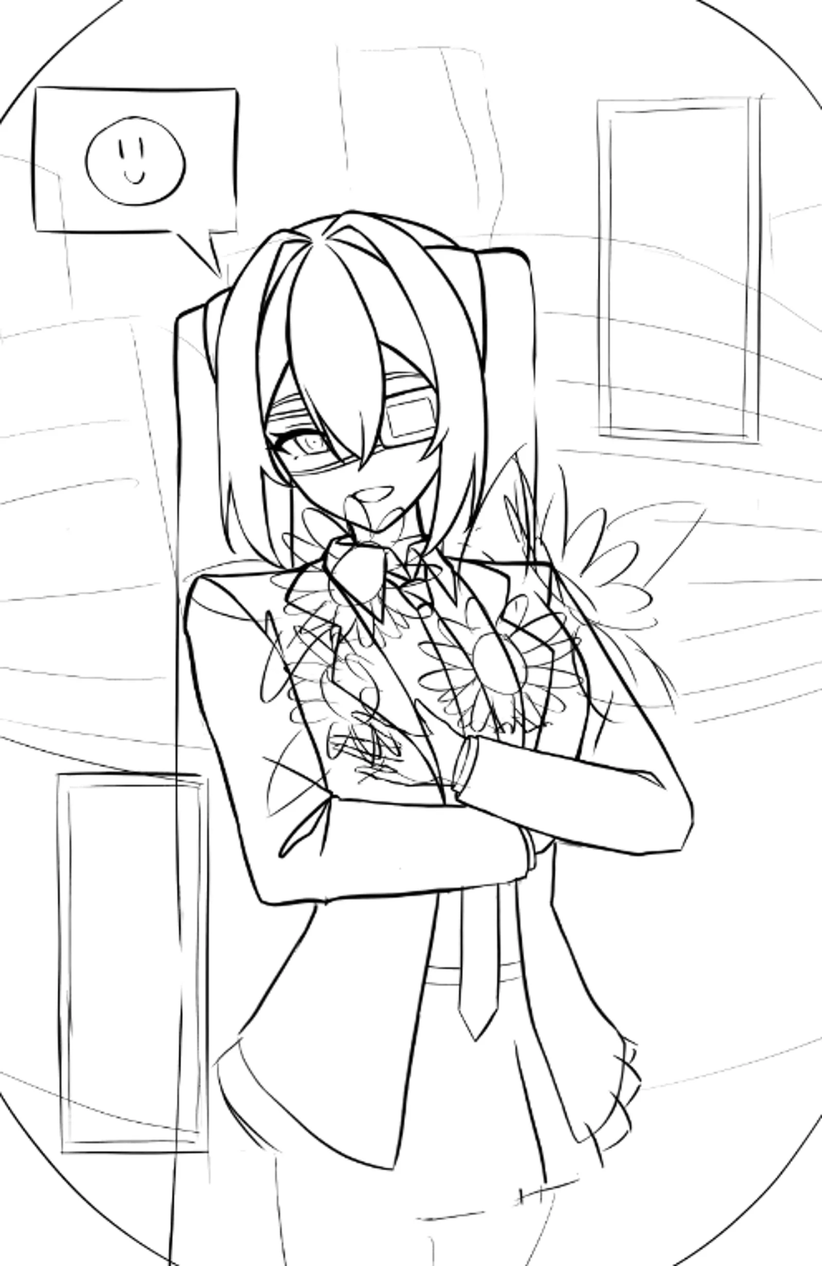 Twin-tailed character in a suit, rough sketch